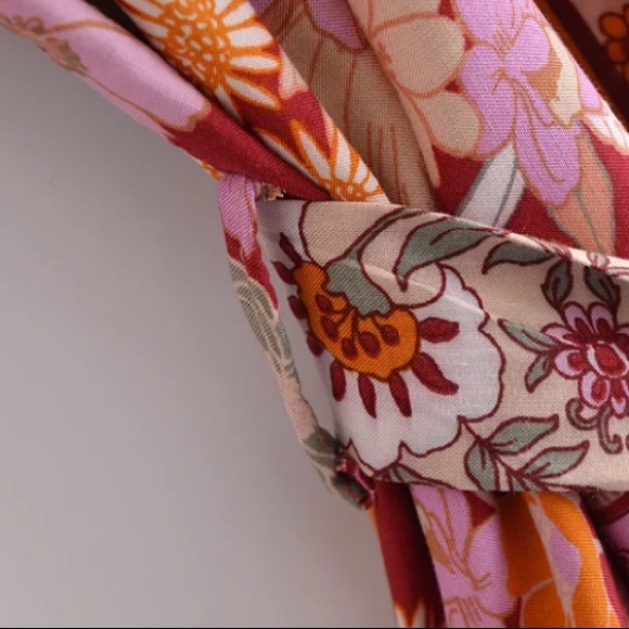 Wine Floral Bohemian Short Floral Kimono Wrap Top - Picture 7 of 12